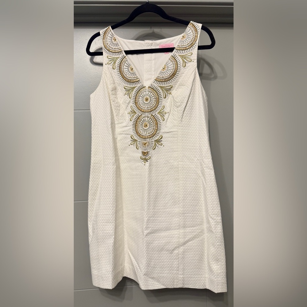 Lilly Pulitzer White Mini Dress with Gold Beading Size 10